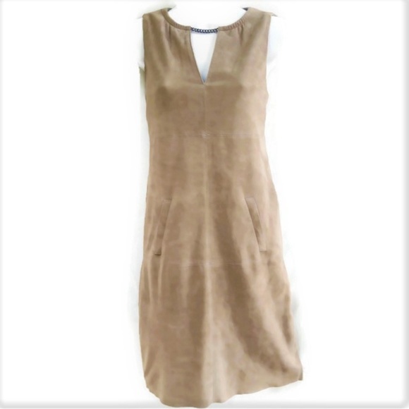 W by Worth Genuine Tan Suede Leather Sheath Dress Chain Zip Pockets Lined XS - Picture 2 of 8